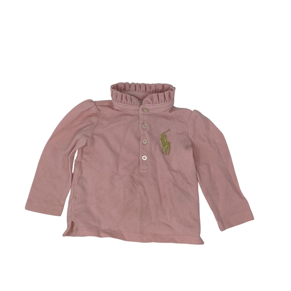 Ralph Lauren Baby Shirt Girls 9m‎ Pink Cotton Long Sleeve Ruffle Collar